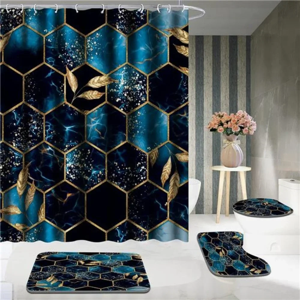 4 Pcs Bathroom Shower Curtain Set,Bathroom Sets with Rugs (Bath Mat,U Shape)